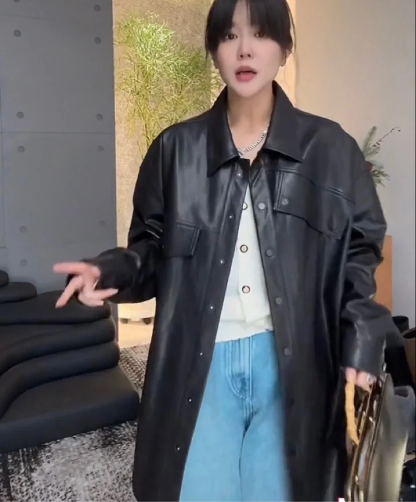 Primavera nuevo abrigo Bla eepskin Hepburn Sle suelto largo Sve Puffy Sve prendas de vestir exteriores de moda chaqueta de cuero Faion para mujer