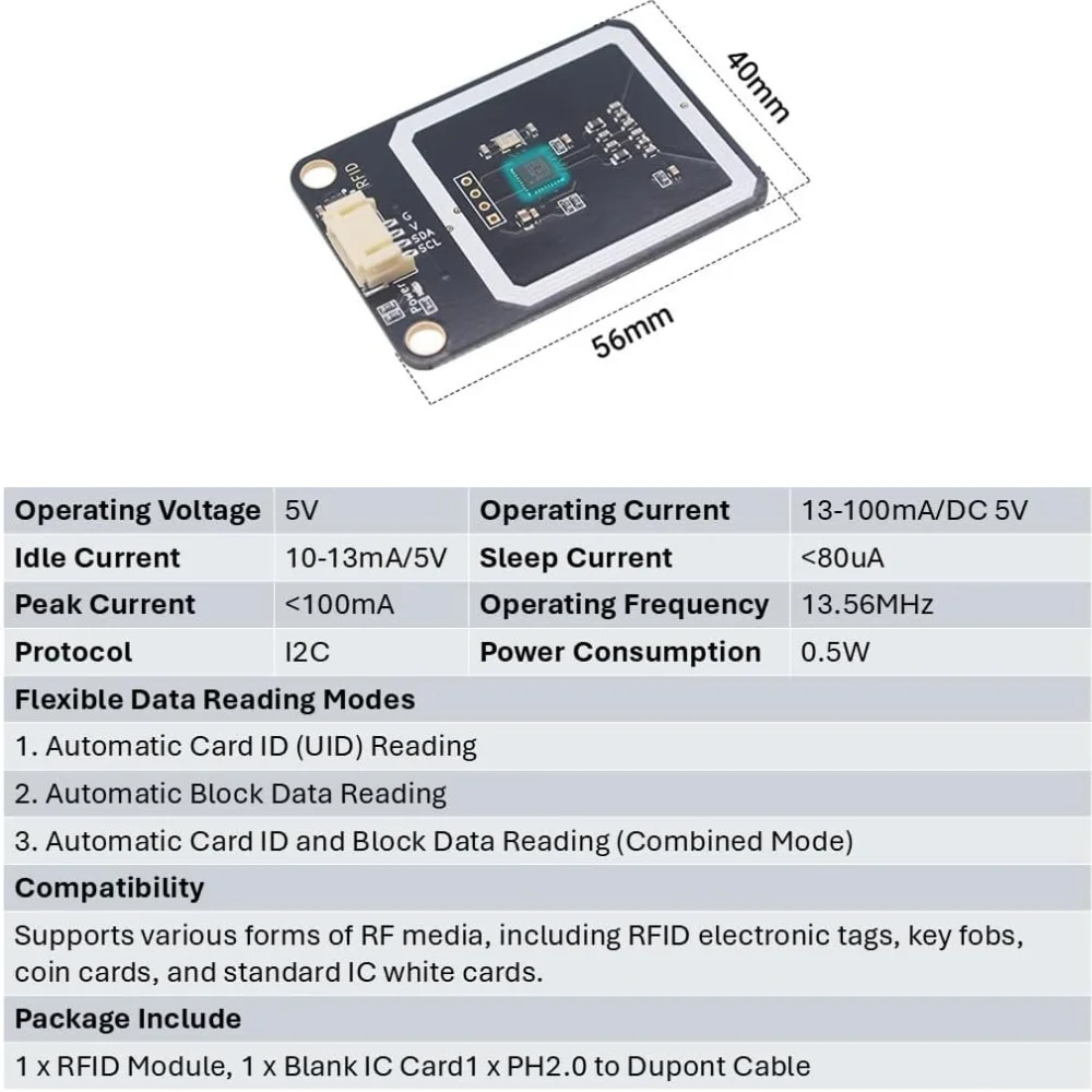 1-2PCS RFID Module – 13.56MHz I2C Protocol Compatible with Arduino ESP32 Raspberry Pi Supports Automatic Card/Data Reading