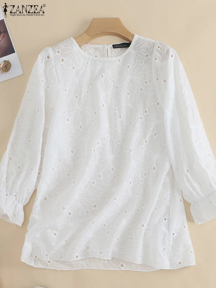 2024 ZANZEA Women Fashion 3/4 Sleeve Ruffles Shirt Solid Hollow Out Blusas OL Work Tops Tunic Elegant Embroidery Floral Blouse