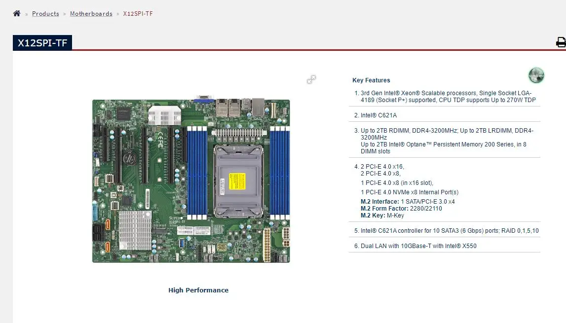 X12SPI-TF for Supermicro Motherboard LGA-4189 3rd Gen Xeon® Scalable Processors SATA3 (6 Gbps)  Dual LAN With 10GBase-T