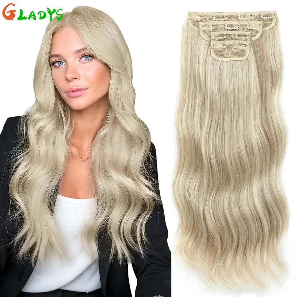 

22 Inch Clip Ins Hair Pieces Synthetic Blonde Color Clip Ins Hair Extensions 4Pcs/lot Body Wave Hair Piece Extension For Women