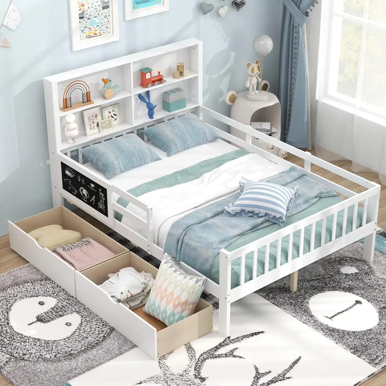 Full Bed with 2 Storage Drawers, Solid Wood Kids Bed Frame w/Bookcase Headboard & Blackboard, Full-Length Guardrails & Wooden Sl