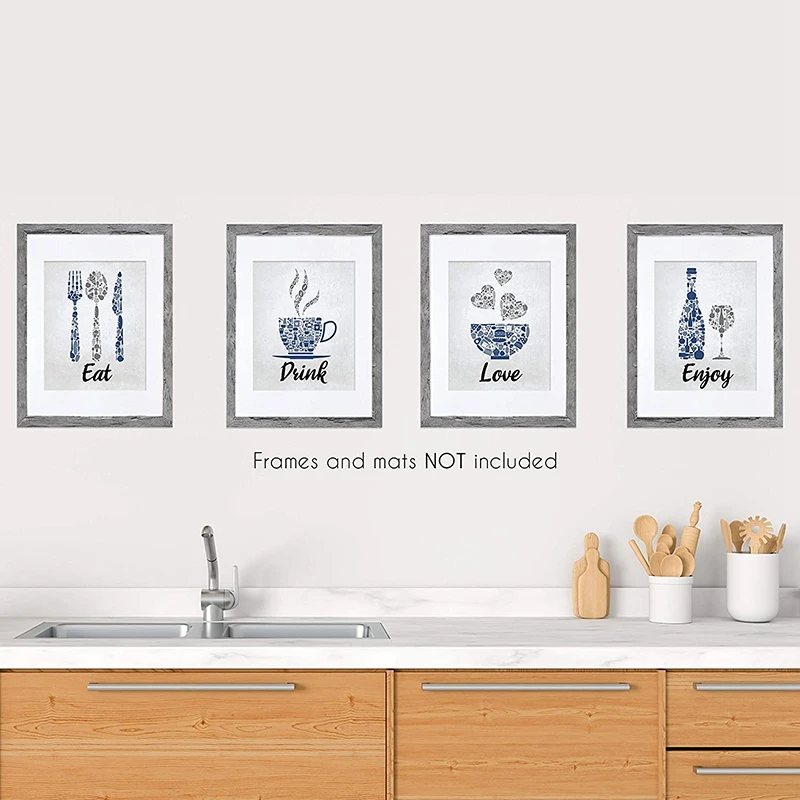 Blue Navy Cobalt Grey White Vintage Inspirational Kitchen Restaurant Cafe Bar Wall Art Decorations Eat Drink Love Wine