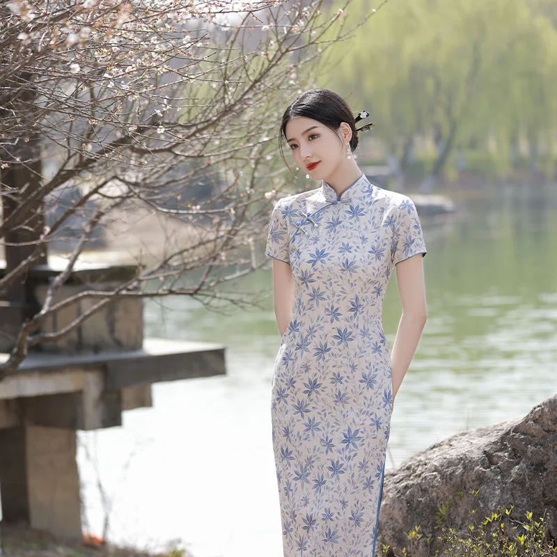 

Yourqipao Summer Improved Cheongsam Fresh Elegant Retro Young Style Qipao Traditional Chinese Clothing Evening Dress for Women