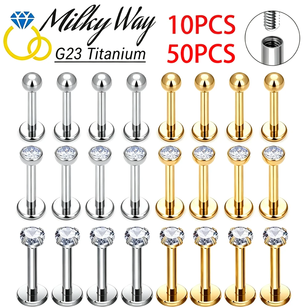 10/50PCS G23 Titanium Labret Lip Studs 16G CZ Internally Threaded Stud Earring Lip Rings Tragus Cartilage Helix Piercing Jewelry