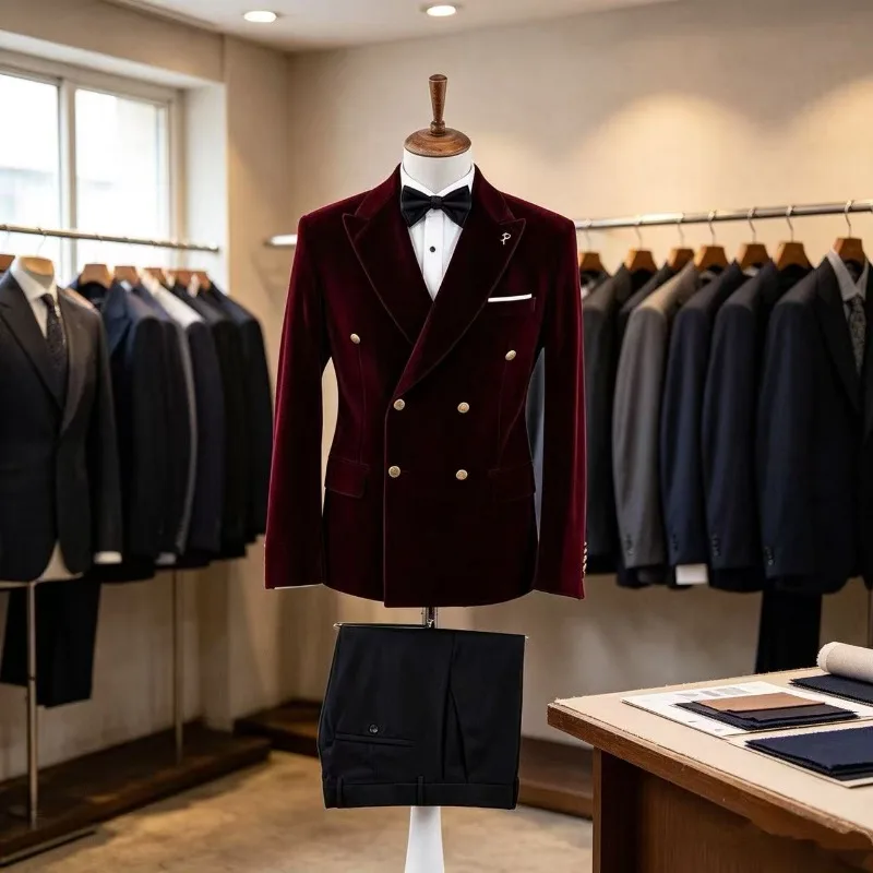 Burgundy Men Suits for Wedding Tuxedo with Gold Buttons 2 Pieces Groom Suit Slim Fit Party Separates Velvet Suit Jacket Pants