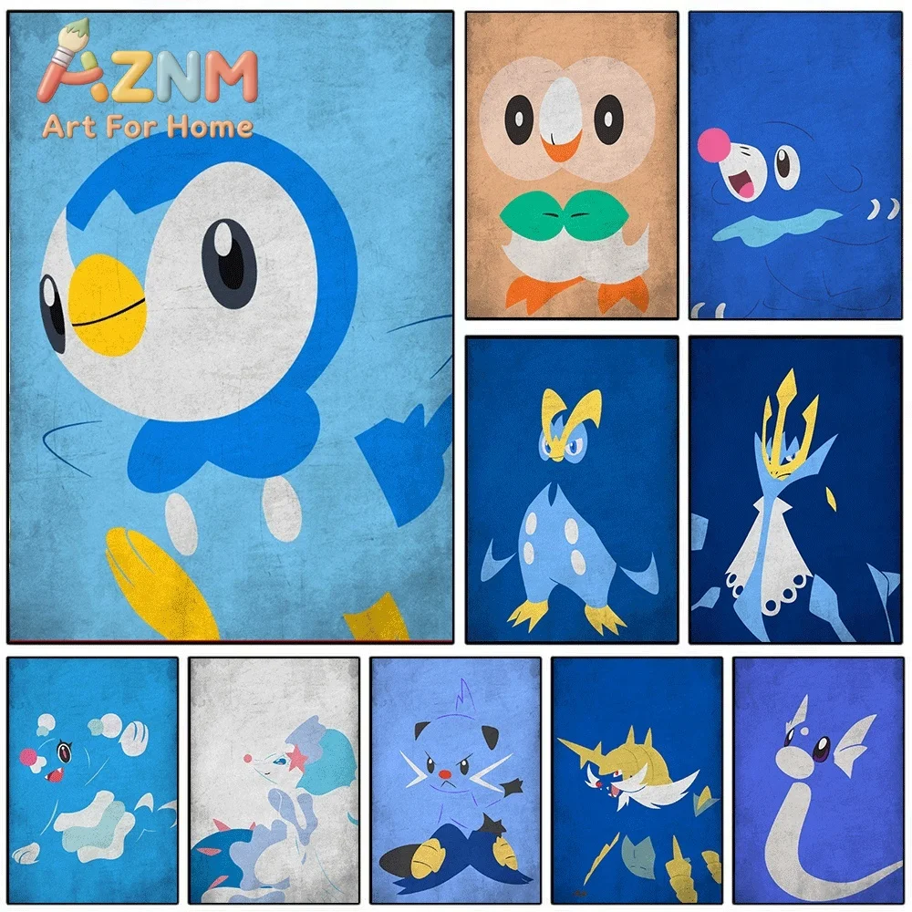 AZNM Pokemon Piplup Vintage Texture Canvas Wall Art Unframed Cartoon Monster Print Home Kids Bedroom Living Room Decor Poster