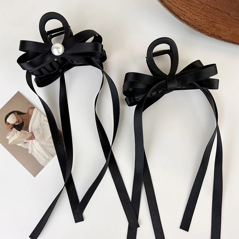 UXSL Fashion Black Ribbon Bow Tassels Pearl Hair Claw Clips for Women Girl Elegant Ponytail Clip Hairpins Hair Clamp Accessories