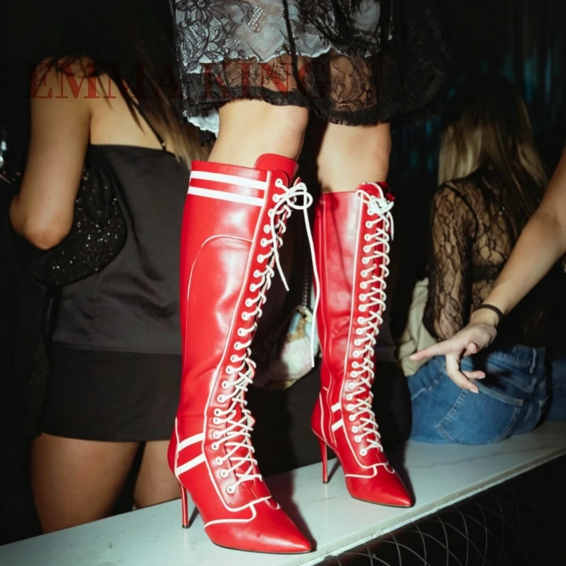 Women's Knee-High Lace-Up Heeled Boots with White Striped, Pointed Toe Stilettos Boots,Sexy Colorblock Racing Style Long Boots