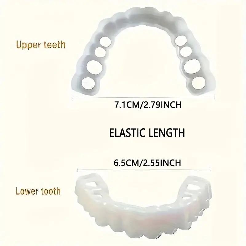 New 1 Upper & 1 Lower White Fake Teeth Kit with Complete Accessories, Unisex Flexible Comfort for Touch-Up
