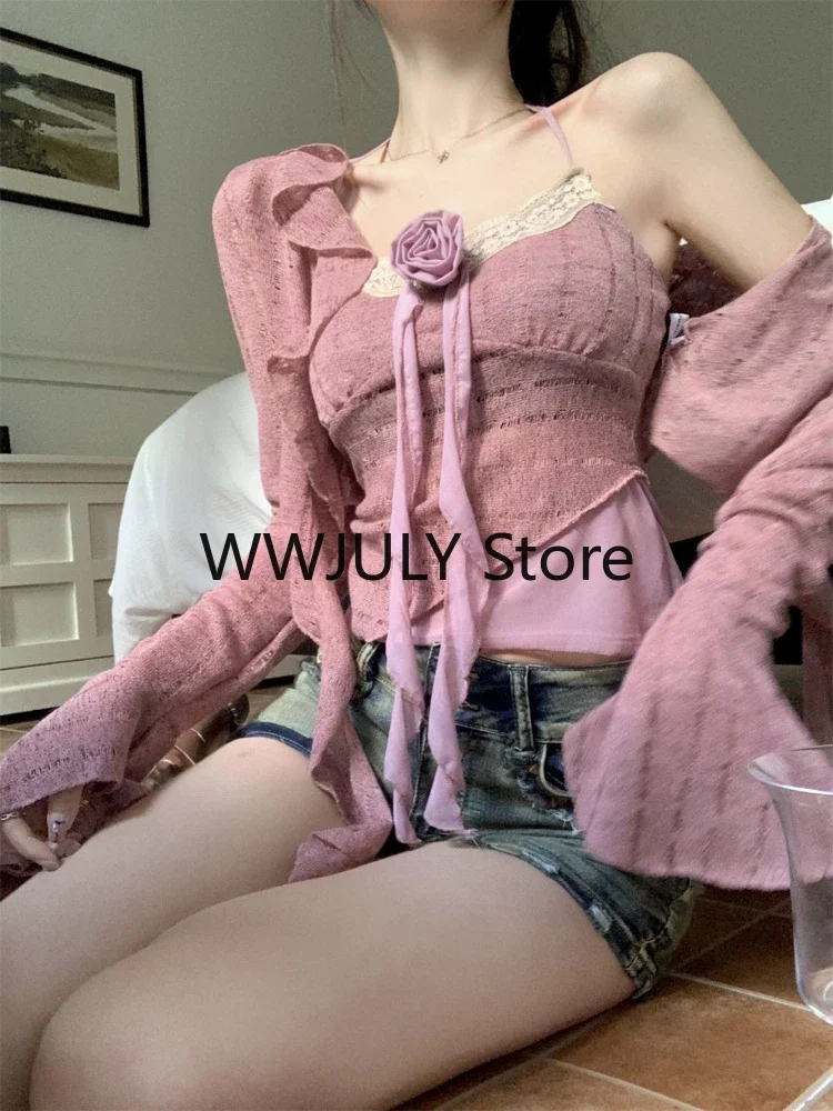 Neue 2024 rosa elegante 2 Stück Set Büro Dame Spitze sexy Riemen Tops lässige Strickjacke koreanische Mode Bluse Anzug Frau Outfits