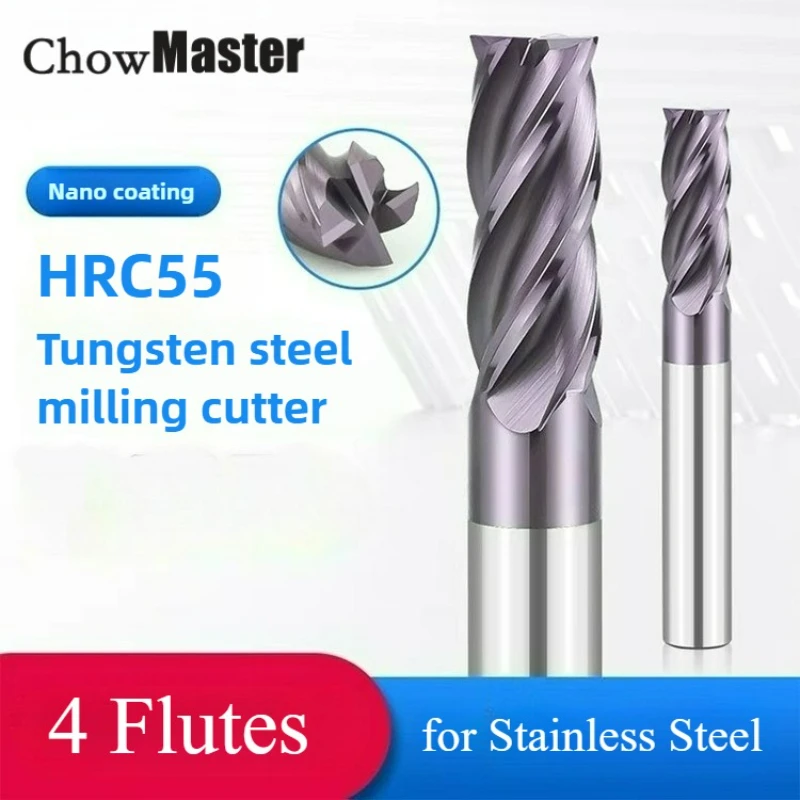 

Chowmaster HRC55 Carbide End Mill 4 Flutes Flat Coated Tungsten Carbide Milling Cutter for Stainless Steel 1.0-20mm CNC Tools