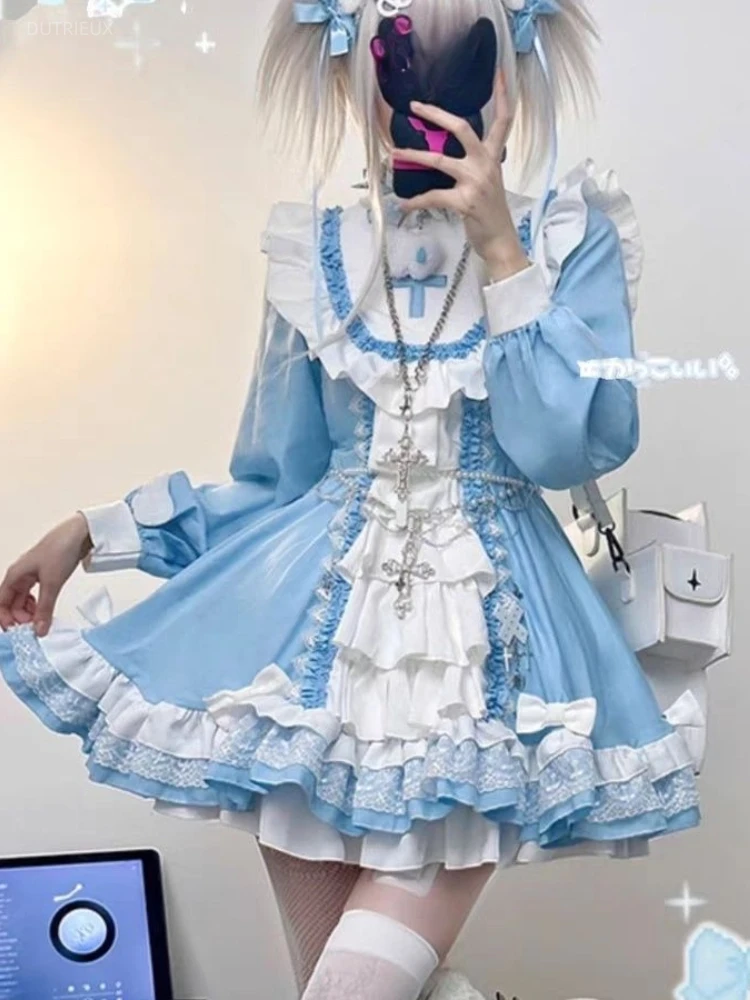 Lolita Princess Dresses Stand Neck Long Sleeve BowPunk Gothic Spring Women Clothing  Lace Ruffles Patchwork Contrast Color Dress
