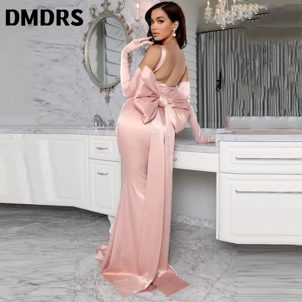 

Elegant Square Neck Evening Dress Sexy Mermaid Sleeveless Floor Length Birthday Party Gown Pink Sweep Train Big Bow Dresses