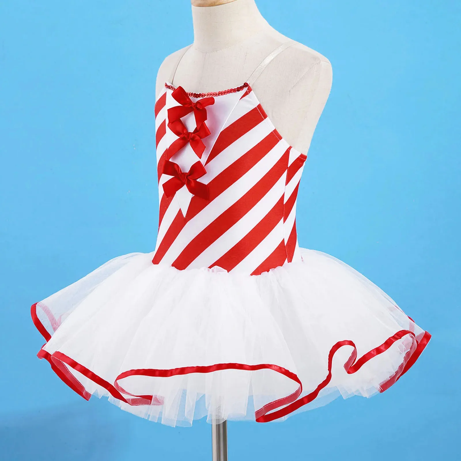 Candy Cane Striped Ballet Tutu Dance Dress for Girls Sequins Bowknot Adorned Christmas Costume Skating Dance Performance Dress