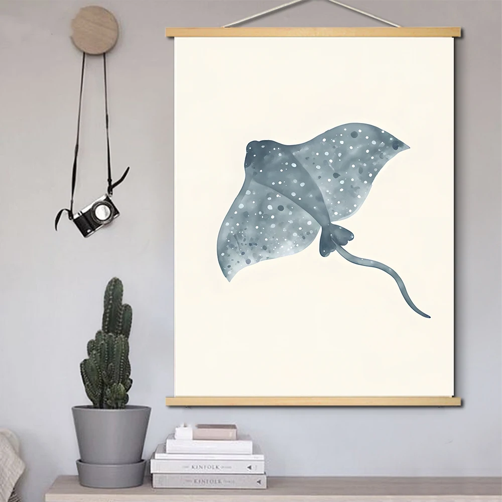 Ocean Wonders Wall Art Canvas Solid Wood Hanging Prints of Whale,Shark, Jellyfish & Stingray for Nautical Themed Room Decoration