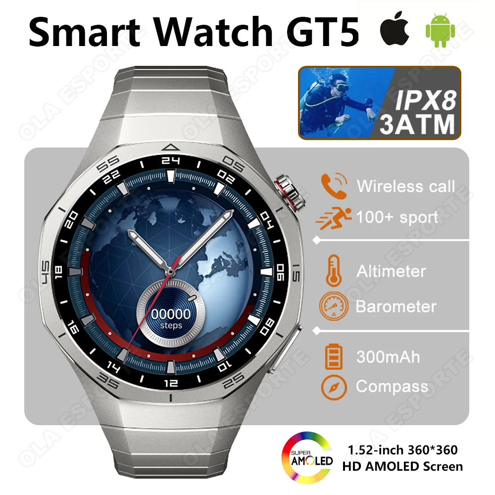 

GT5 Smart Watch 1.52" AMOLED Screen Bluetooth Call Message Preview 100+ Sports Modes Fitness Clock Men Outdoor Sports Smartwatch