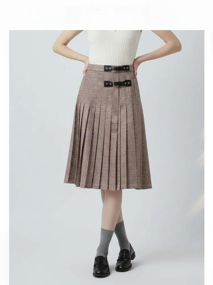 

Academy Sle A-Line Midi Skirt with Double Bule High Waist Pleated Women's Skirt Diamond Heat Treaent Autumn Winter