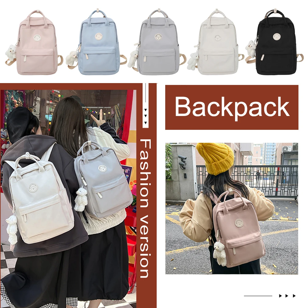 Teens Campus Daypack Large Capacity with Plush Pendant Kawaii Backpack Solid Zipper for Work Camping Sports Travel Backpack