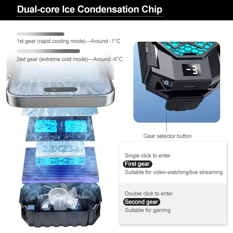 SL31 Mobile phone back clamp radiator TEC cooler with temperature display, cooling fan for iPhone Samsung Android phone games
