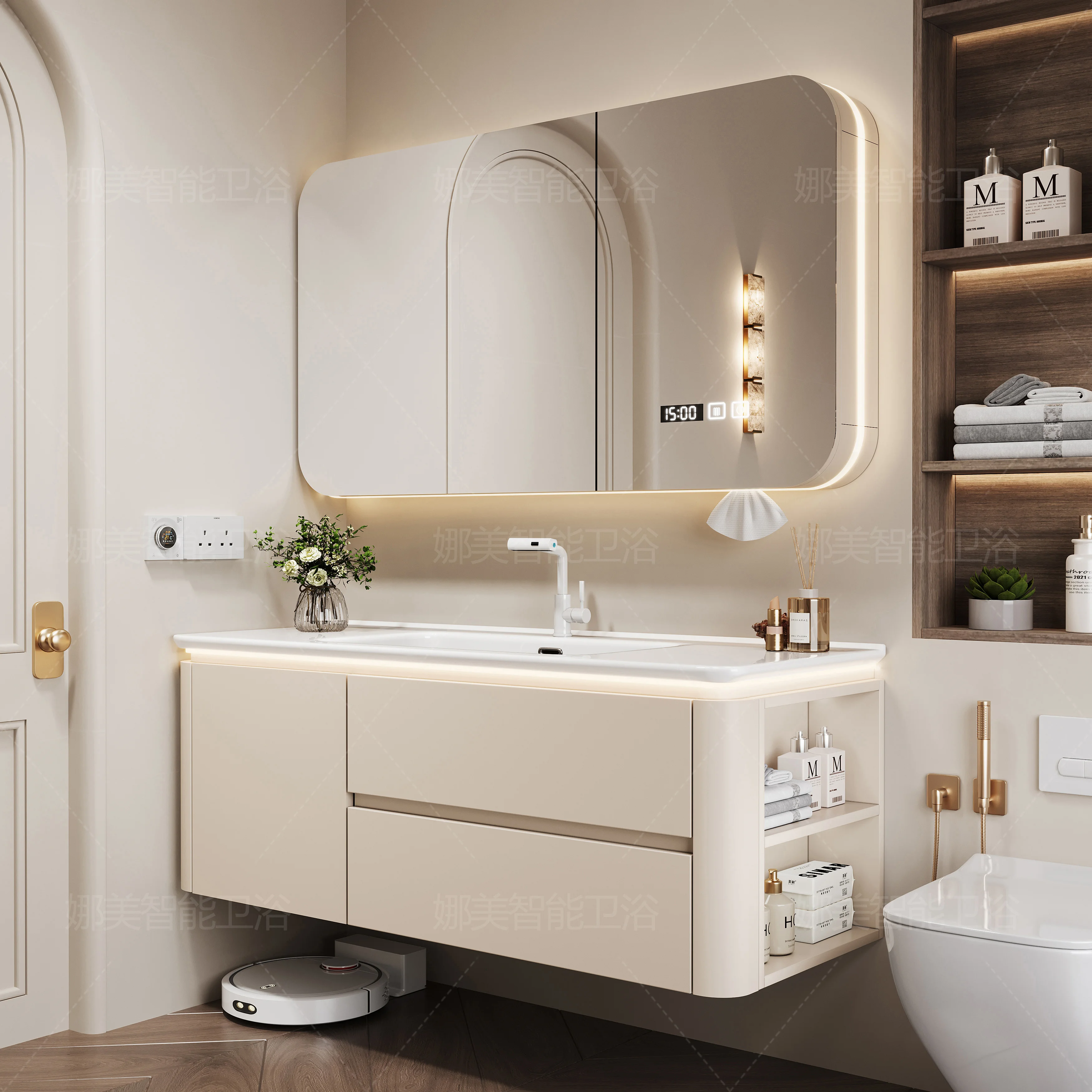 

Solid wood smart bathroom cabinet ceramic integrated basin