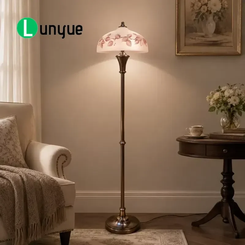Hand Painted Glass Lampshade Floor Lamp Retro Brass Standing Light with E27 LED Bulb Switch Control for Home Hotel Decoration