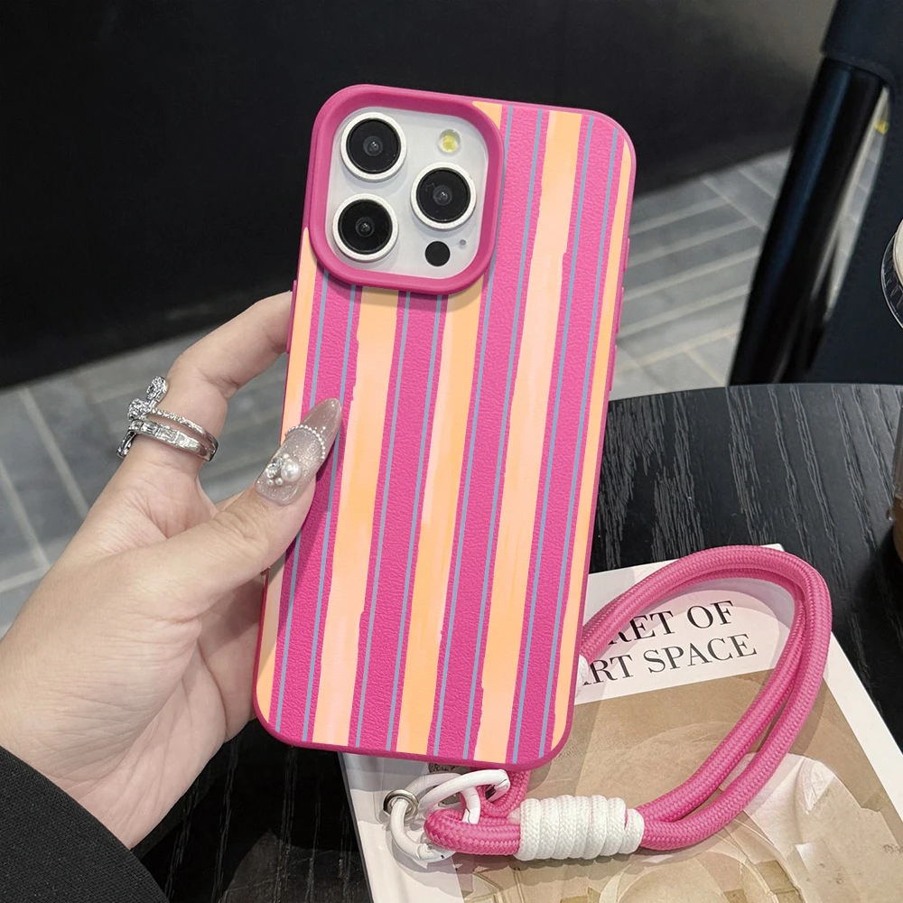 Contrast Stripe Hand Wrist Strap Leather Phone Case For iPhone 17 13 11 12 Pro Max Plus 15 14 16 XR XS 17 Air With Lanyard Cover view 4