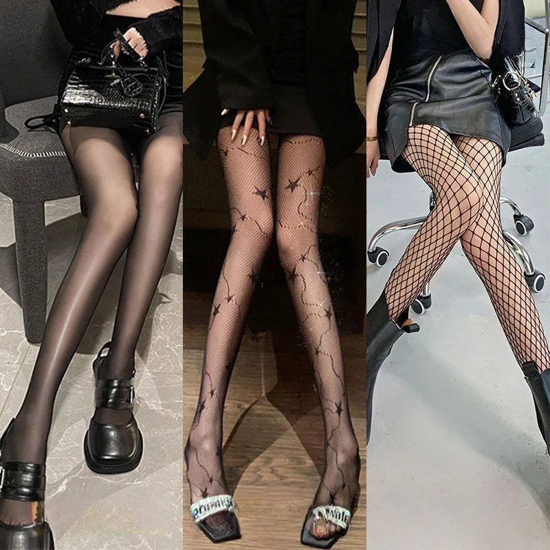 Meias góticas femininas leggings lolita oco malha corpo meias japonês fundo renda meia-calça crânio punk preto meias