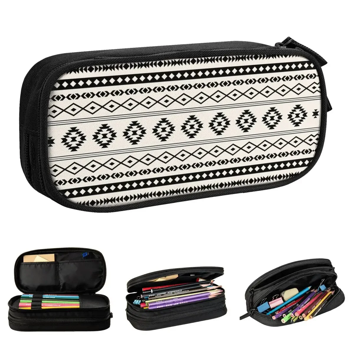 Bohemian Aztec Black On Cream Mixed Motifs Pencil Cases Lovely Pen Bag for Student Large Storage School Supplies Pencilcases