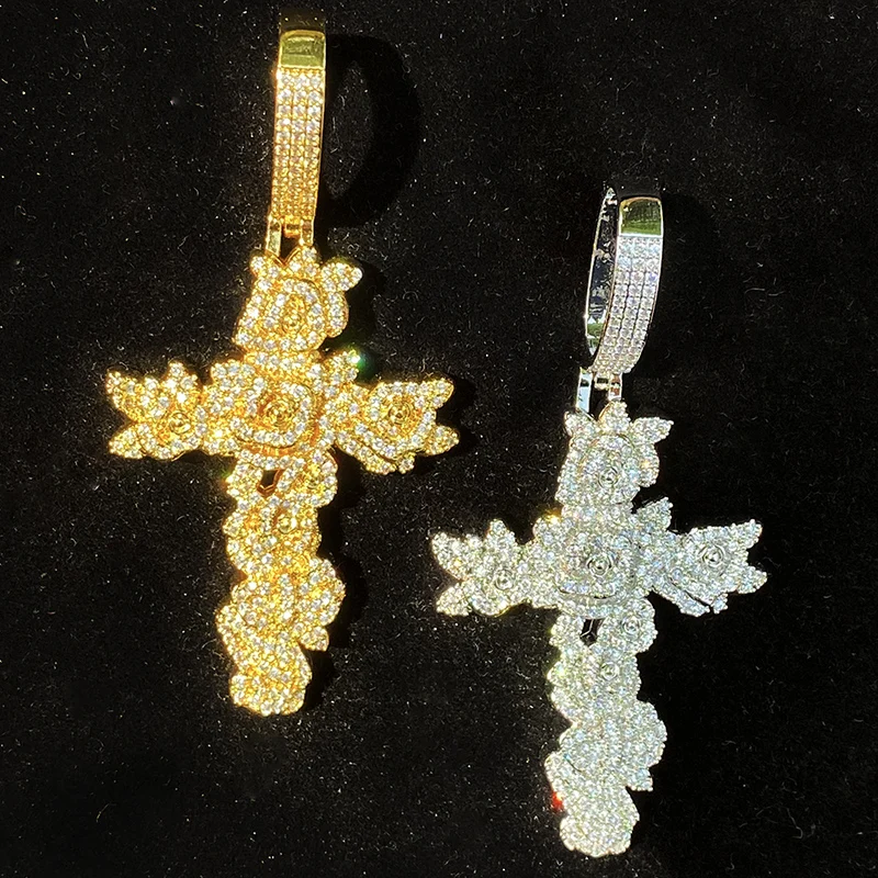 

Hip Hop 5A+ CZ Stone Paved Bling Iced Out Flowers Cross Pendants Necklace for Men Rapper Jewelry Gold Silver Color