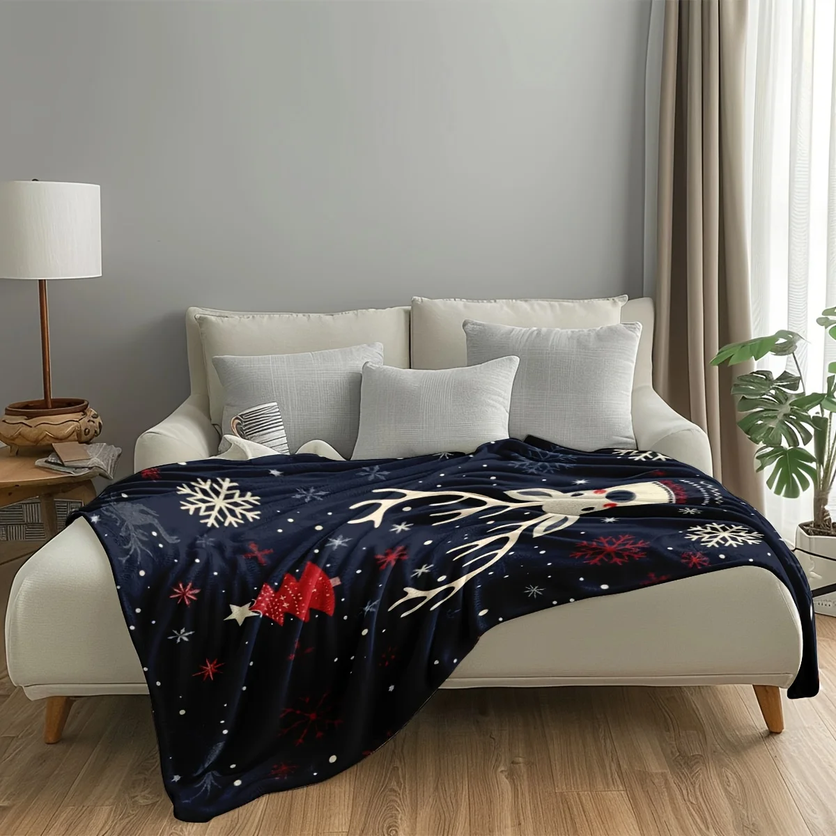 1pc Christmas Reindeer-themed Small Throw Blanket. The Core Selling Point Features an Adorable Reindeer Paired with Snowflake an