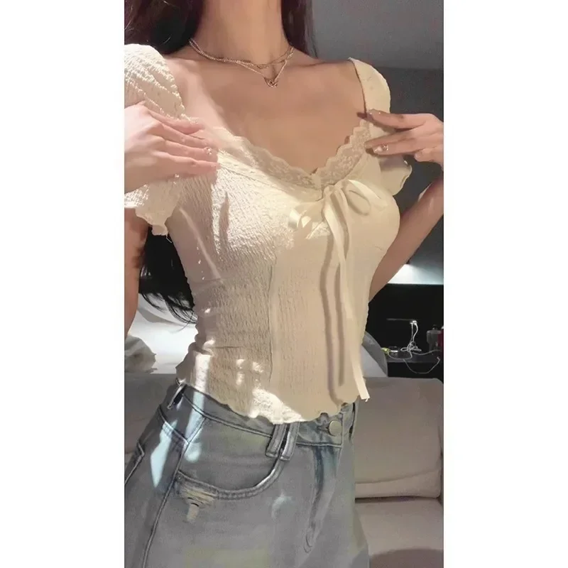 Pop Pop Slim Fit Lace Patchwork V-neck Short Sleeve T-shirt Women Summer New Style Pure Desire Belly Baring Spicy Girl Top