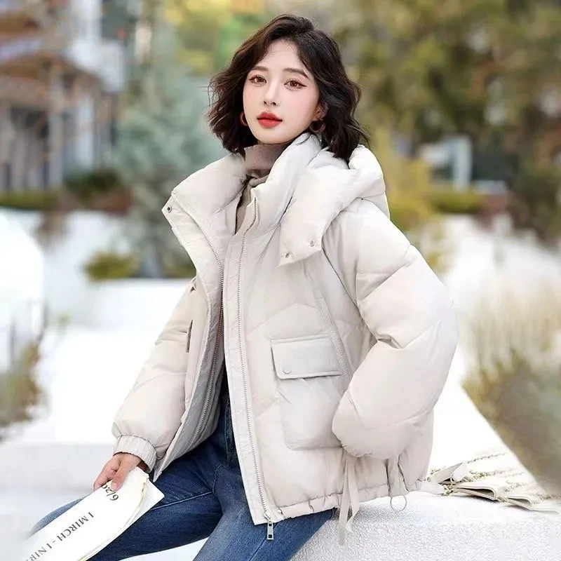 Coffee colored Women's Short Hooded Coat 2025 Winter New Korean Loose Student Down cotton Jacket Female Warm Parker Outwear