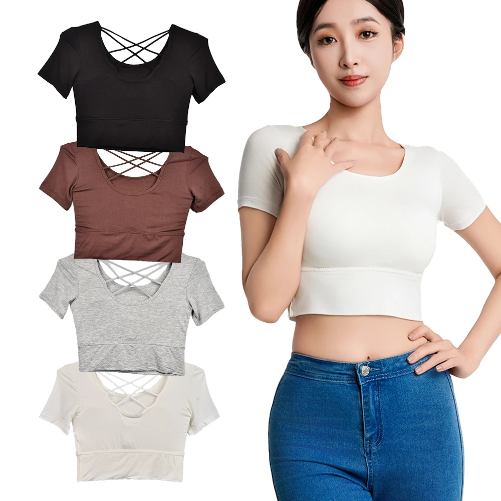 1pc Women's Backless Crop Top Built-in Bra-free Short Sleeve Yoga Shirt Gym Workout Casual Daily Wear Athletic Fitness T-shirt