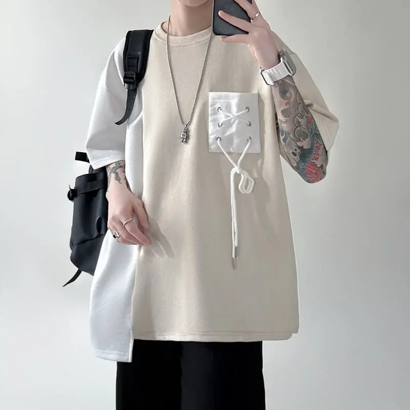 Niche Contrast Color Pocket Drawstring Design Focused Unisex Summer Hong Kong Style Instagram Inspired Short Sleeve T-Shirt​