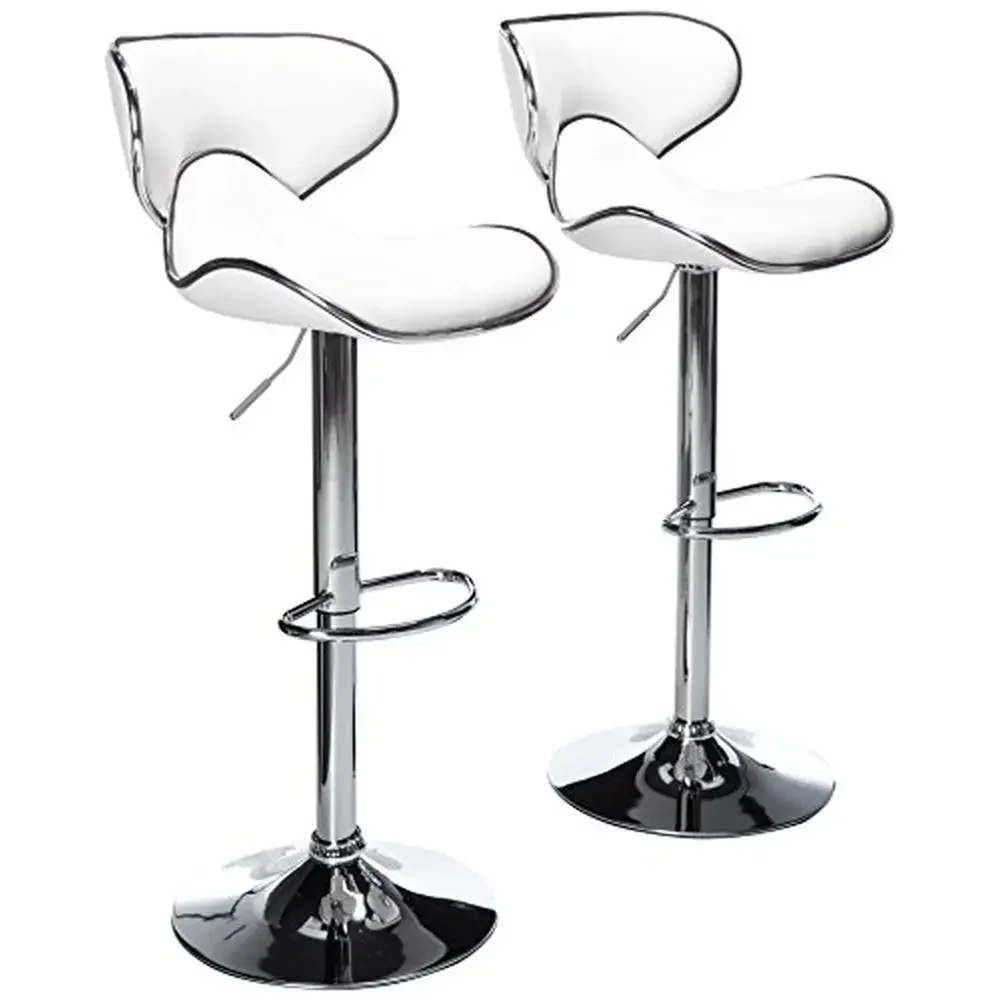 Adjustable White Swivel Barstools Set of 2 Faux Leather Chrome Base Airlift Bars Seats