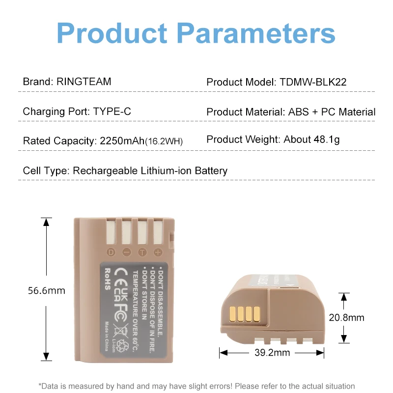 2250mAh TDMW-BLK22 DMW BLK22 Battery TYPE-C Rechargeable Battery for Panasonic Lumix DC-S5 DC-S5 II DC-S5 IIX GH5 II GH6 S5II