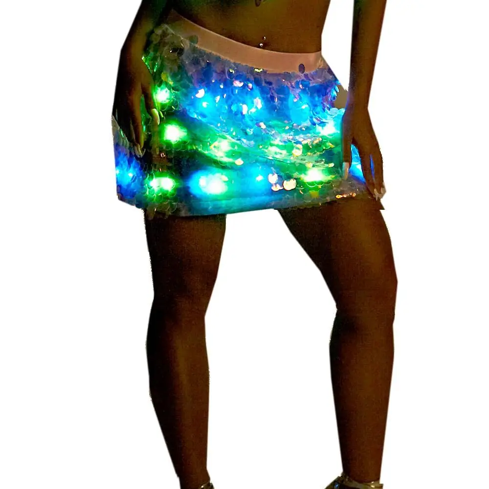 OHLEES Womens Girls LED Sequins Super Flash Jacket Skirt Vest Light UP Rave Creative Outer Coat Stage Costume Party Fancy Dress