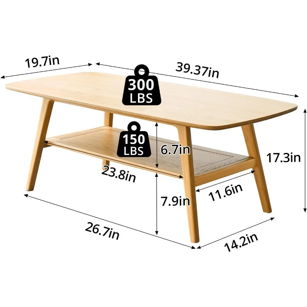 Mesa de centro de madera maciza con estante de almacenamiento, mesa abierta