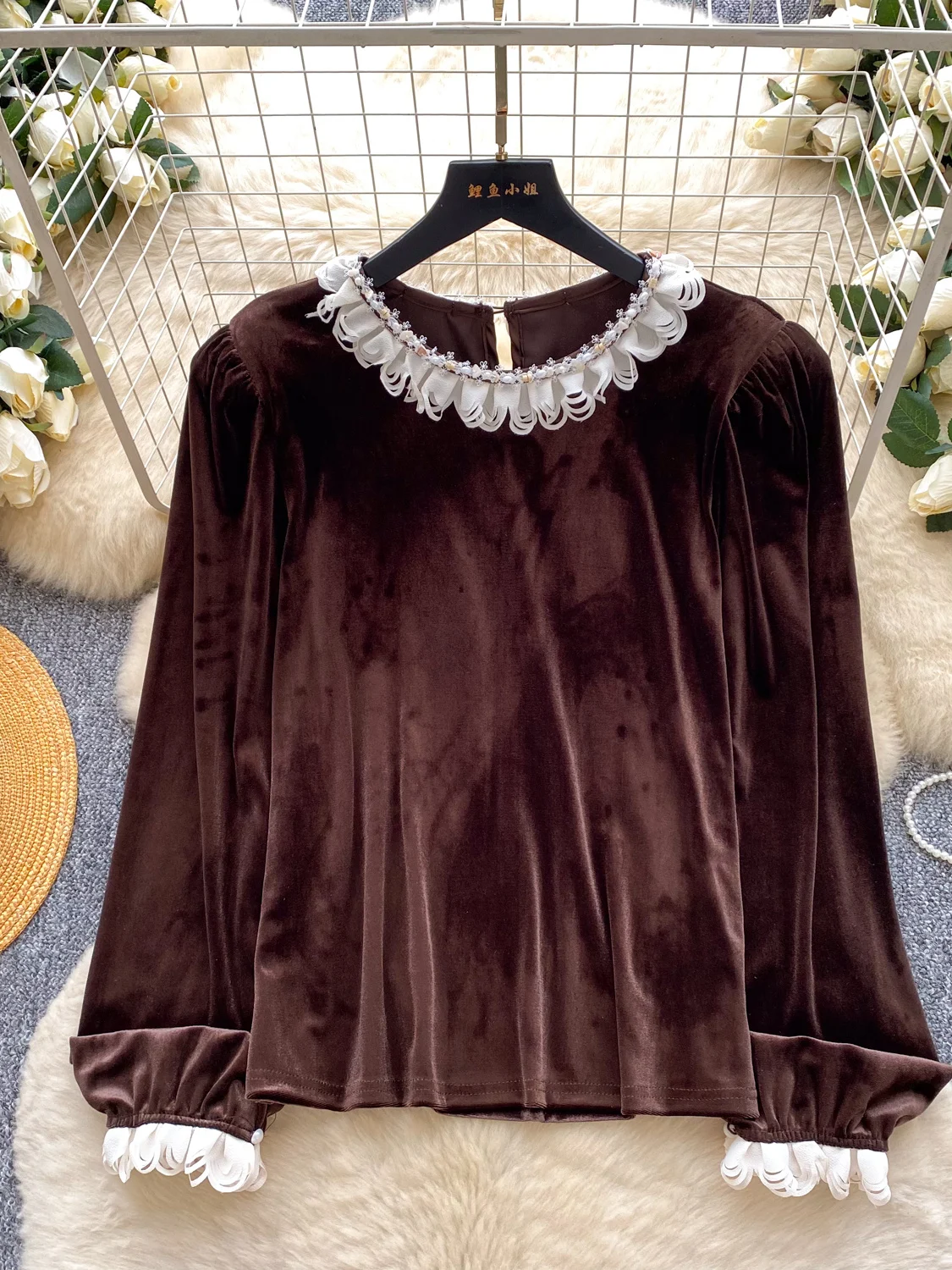 

Ele Bla Velvet Long Sve Lace irt Женский модный универсальный топ для поездок на работу Корейский свободный крой Дышащая кожа-...