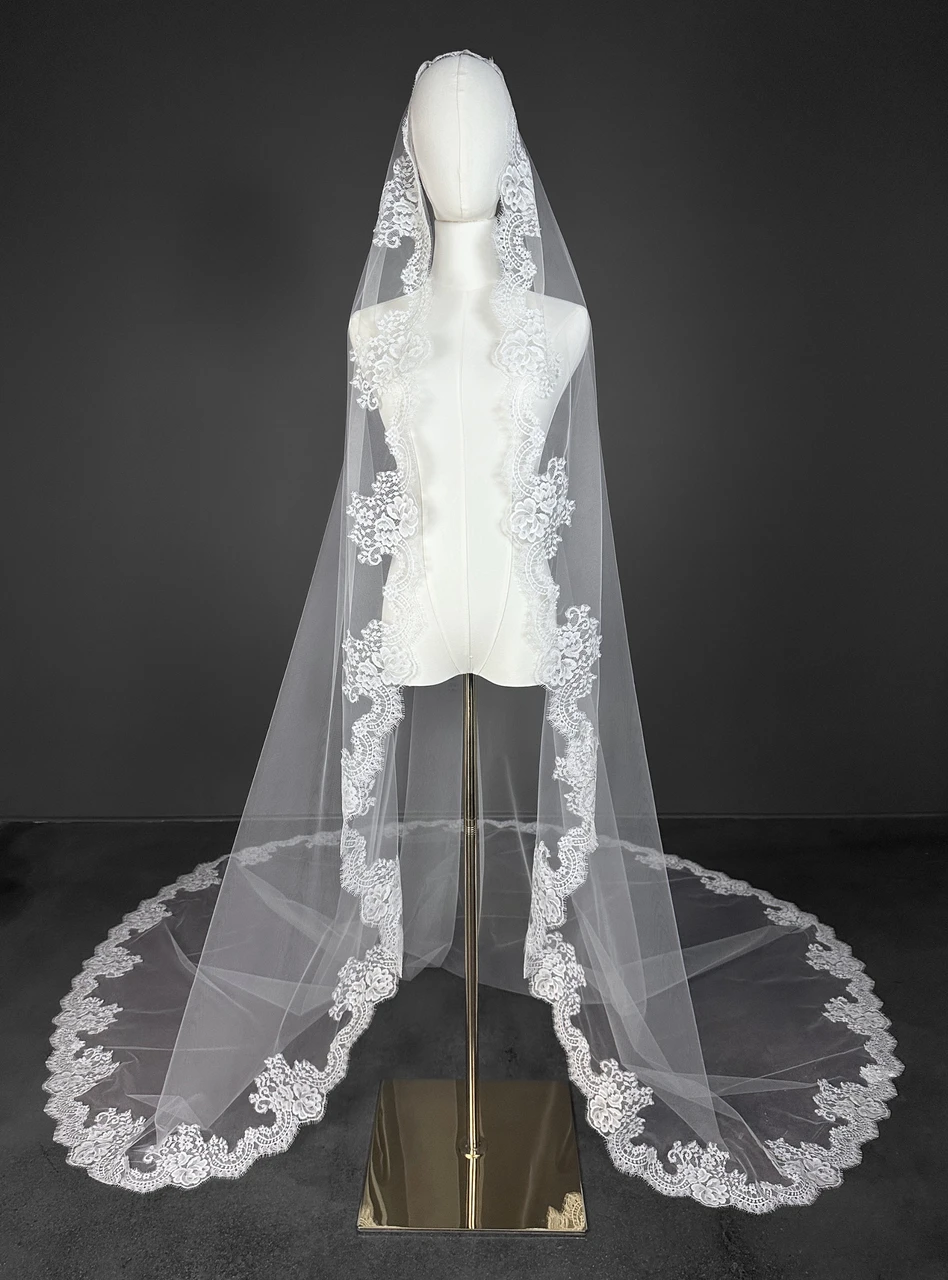 Elegant Bridal Veils For Women 3m Appliques Lace Floor Length Voile Marriage Wedding Veil Tulle Bride Accessories Custom Made