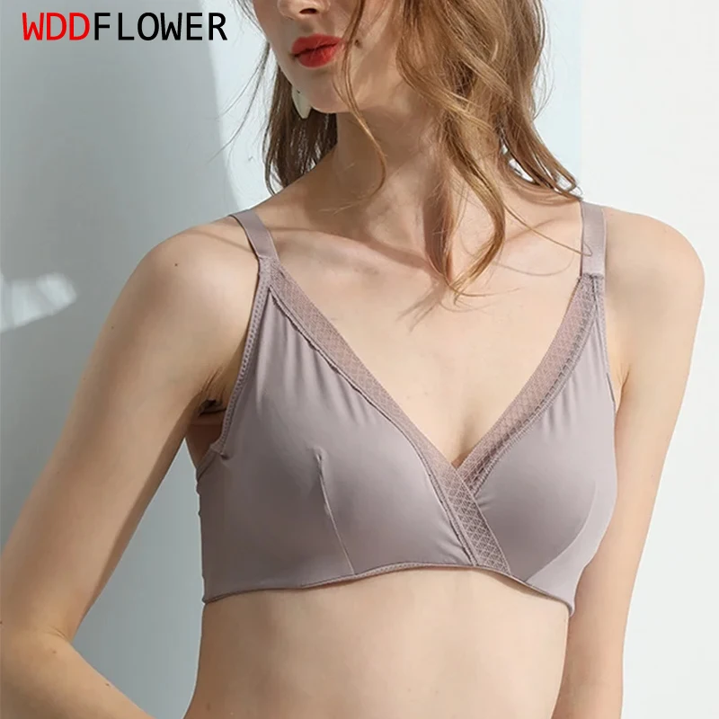 Women Bra 100% Mulberry Silk Lining with Lace Trim Sexy Deep V Wire Free Wireless Thick Padded Bra Bralette M L XL 2XL TG012