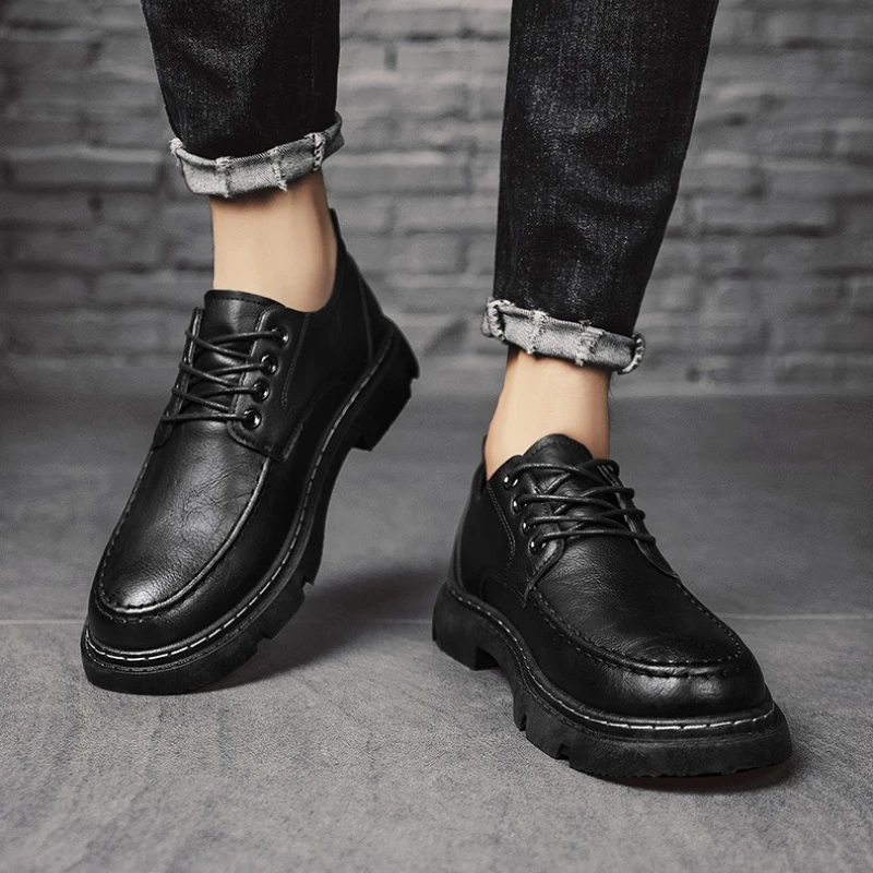 

Retro Men's Black Leather Casual Shoes Durable Thick Sole Lace-Up Work Shoes Business Casual Men Oxford Shoes Zapatillas Hombre