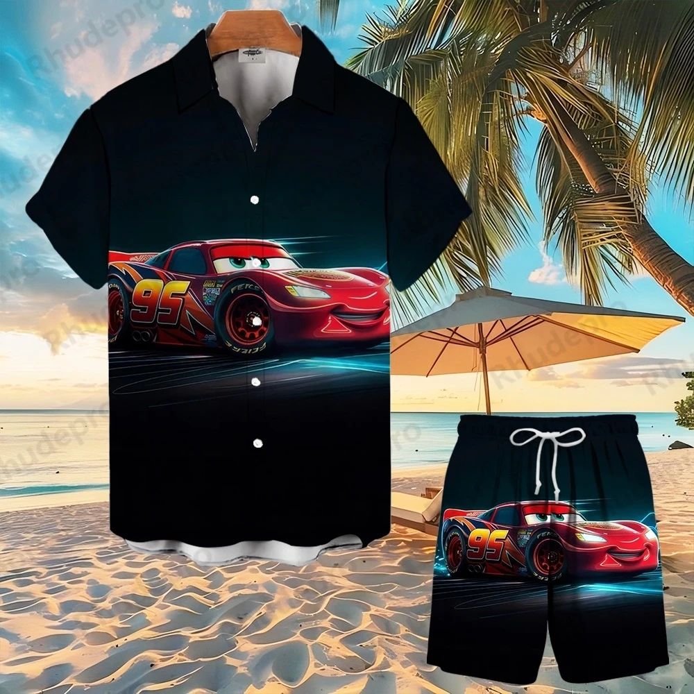 

Disney Cars Men Women Hawaiian Shirt And Short Summer Lightning Mcqueen Hawaii Shirt Over Print Button Up Short Sleeve Suit
