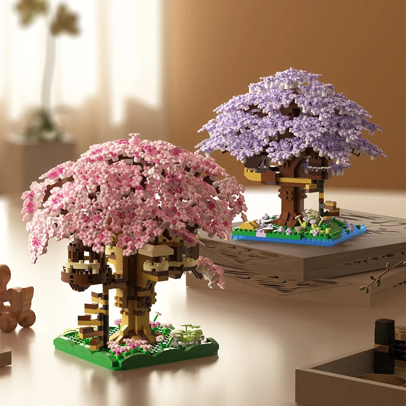 

DIY Pink Cherry Blossom Tree Hut Particle Building Blocks Classic Architecture Diamond Blocks Girl's Favorite Handmade Toy