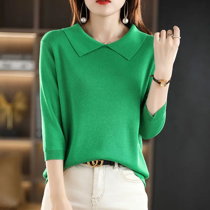 2024 Spring Summer Women Korean Fashion Polo Collar Elegant Knitwears Female Simple Casual Solid 3/4 Sleeve Loose Pullover Tops