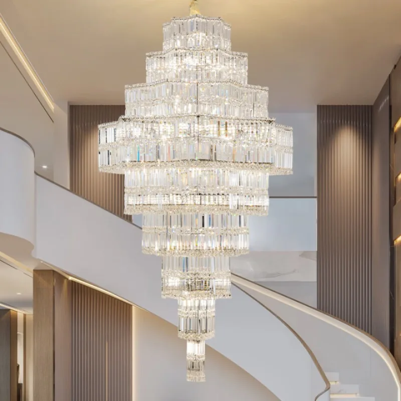 Light luxury modern building mid-floor loft long crystal rotating staircase chandelier
