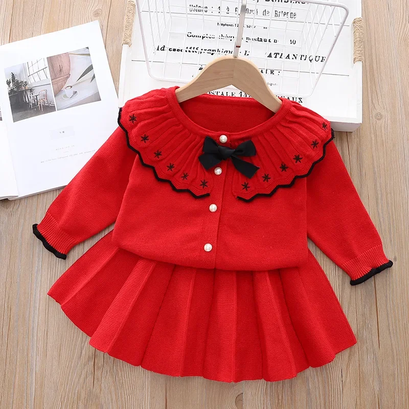 Girls\' Knitted Two-piece Set Bowknot Floral Embroidery Golilla Knitted Pullover+pleated Skirt Toddler Girl Cardigan Girls Kids