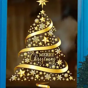 Goldener Weihnachtsbaum dekorativer Glasaufkleber, Fensterdekoration, Girlande Aufkleber, Dekorationsgeschäft, 1PC 12 Hauptverkaufsdekoration Goldwand - №11