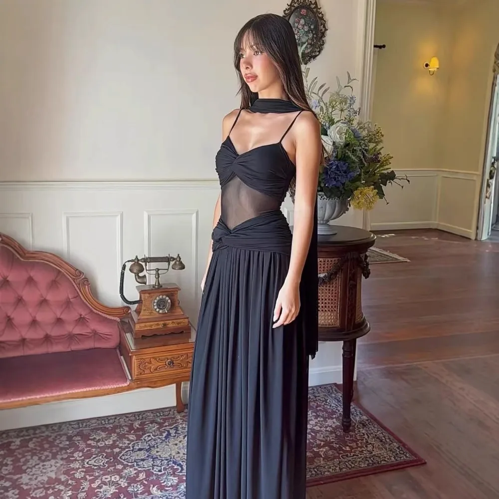 

Sexy Halter Women Ribbons Sleeveless Long Dress -Neck Spaghetti Straps Backless Ruffles Party Clubwear Skinny Dresses Vestidos